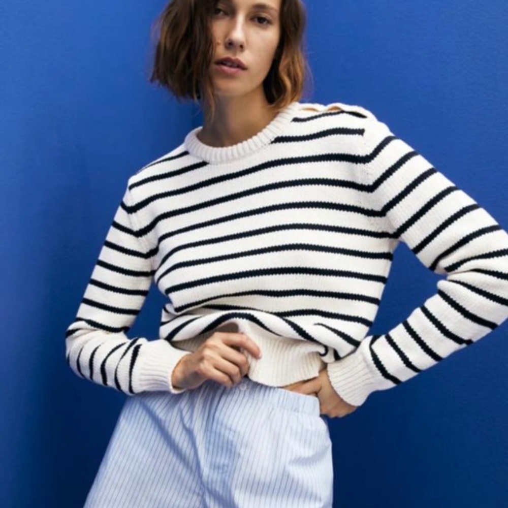 Zara Chunky Knit Cream & Navy Coastal Stripe Cotton Sweater Gold Buttons Medium